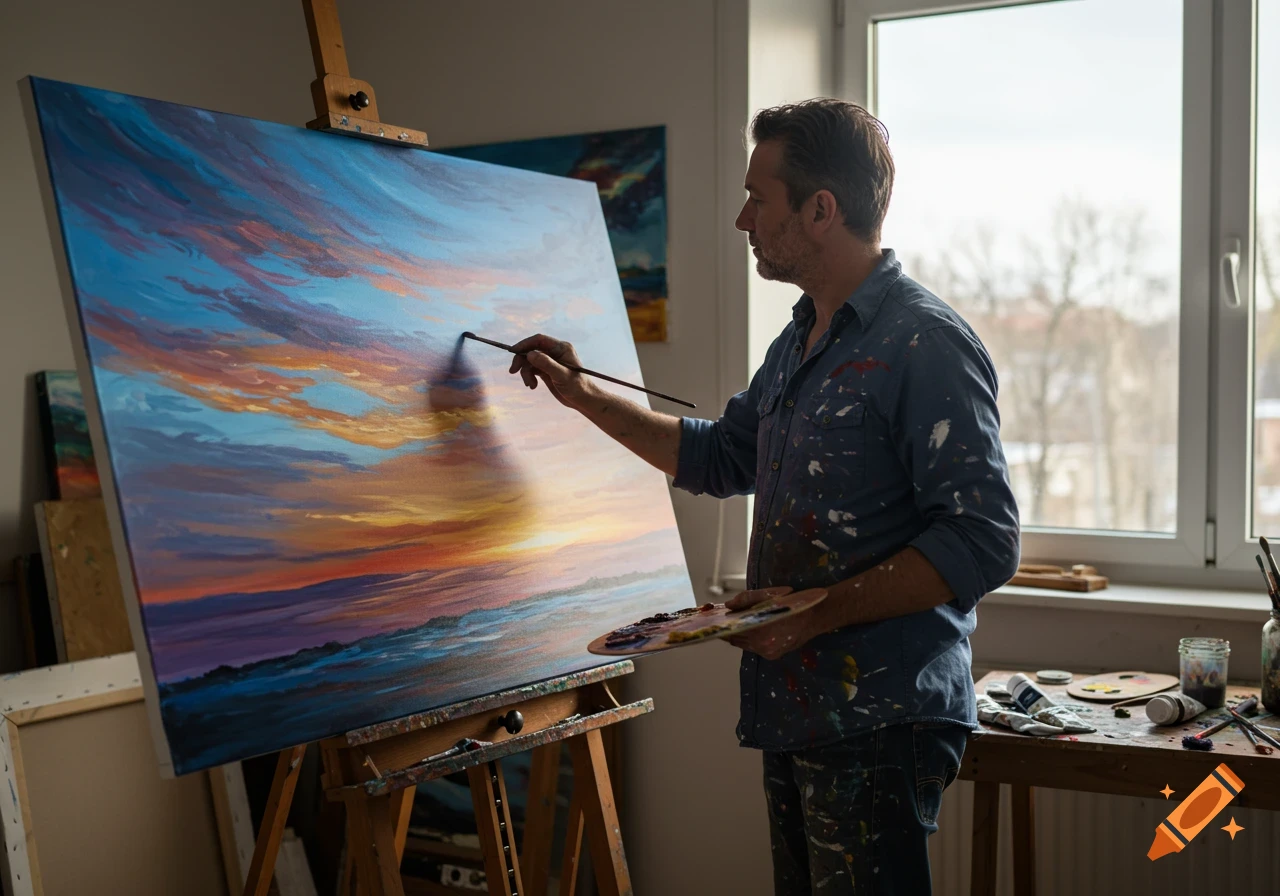 A man in a paint-splattered shirt paints a large canvas of a vibrant sunset sky in an art studio.