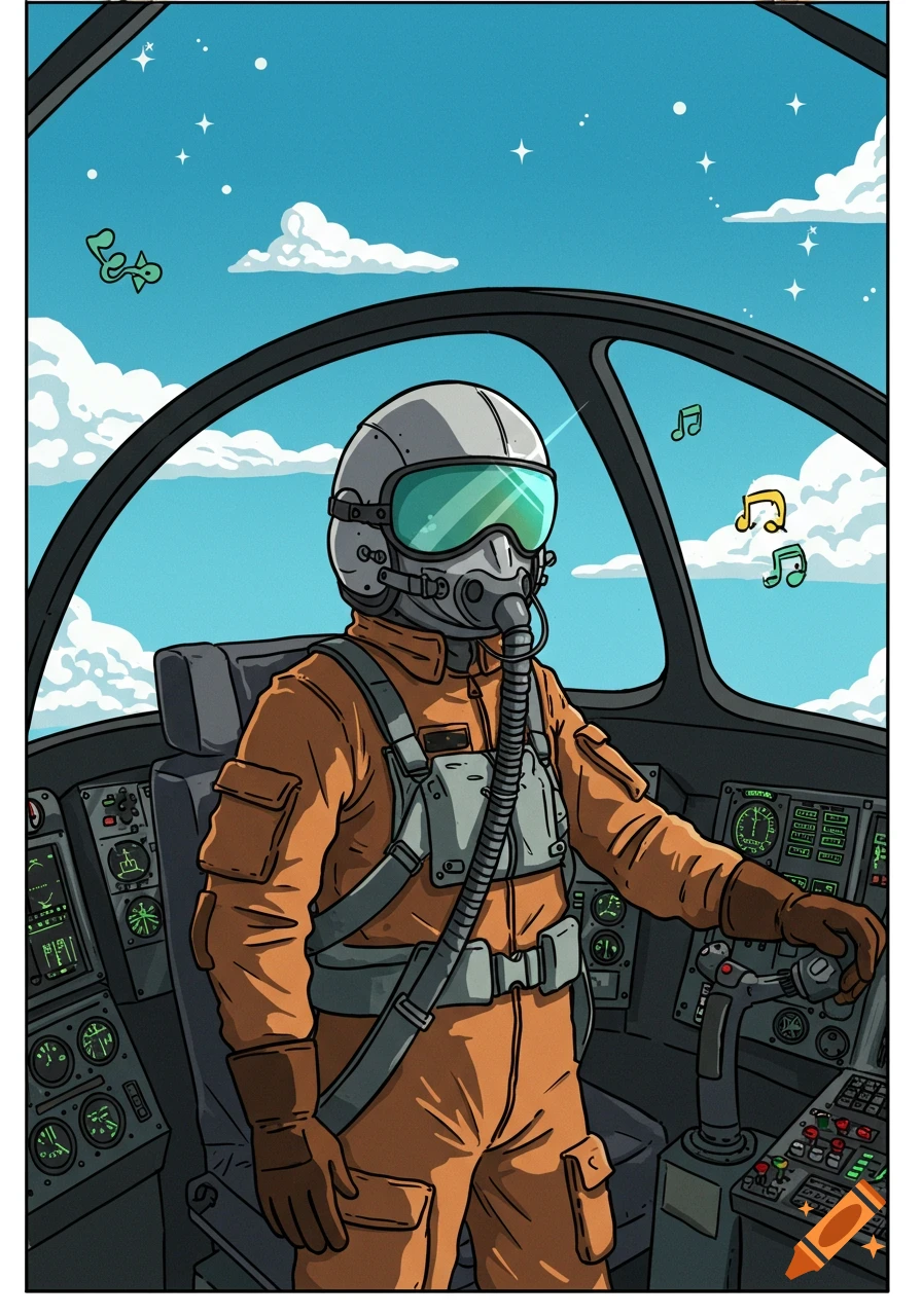 Cartoon drawing of a pilot in an orange flight suit and helmet, sitting in a cockpit, with musical notes floating in the blue sky.