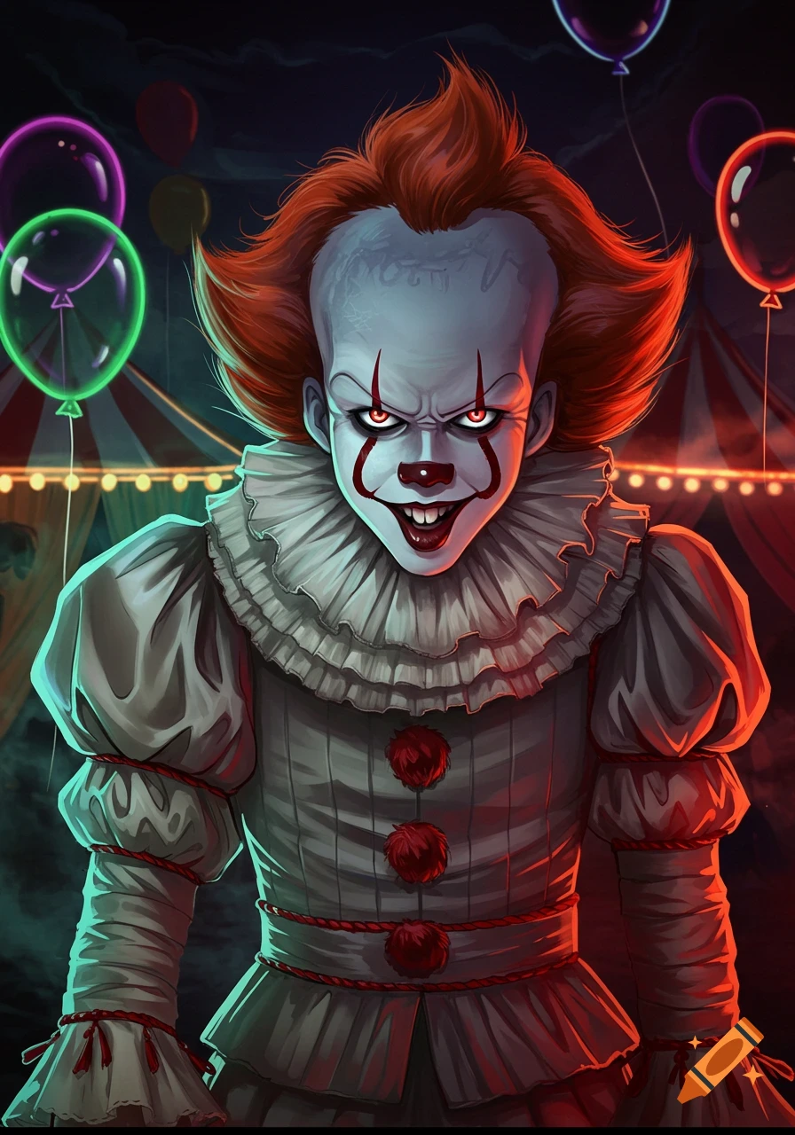 Anime-style Pennywise the clown with red hair and glowing red eyes, smiling menacingly in front of a dark carnival tent with balloons.