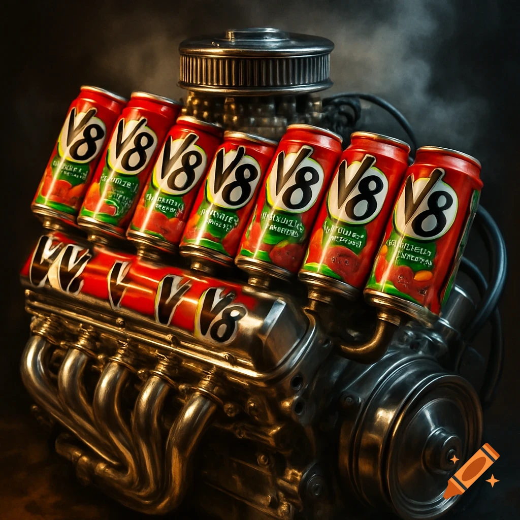 Close-up of a V8 engine where the cylinders are replaced with V8 juice cans, creating a unique fusion of mechanical and beverage elements.