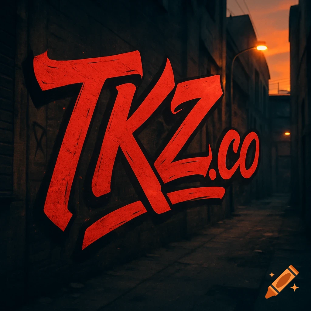Red stylized text 'TKZ.co' as graffiti on a dark brick wall in an urban alleyway at sunset.