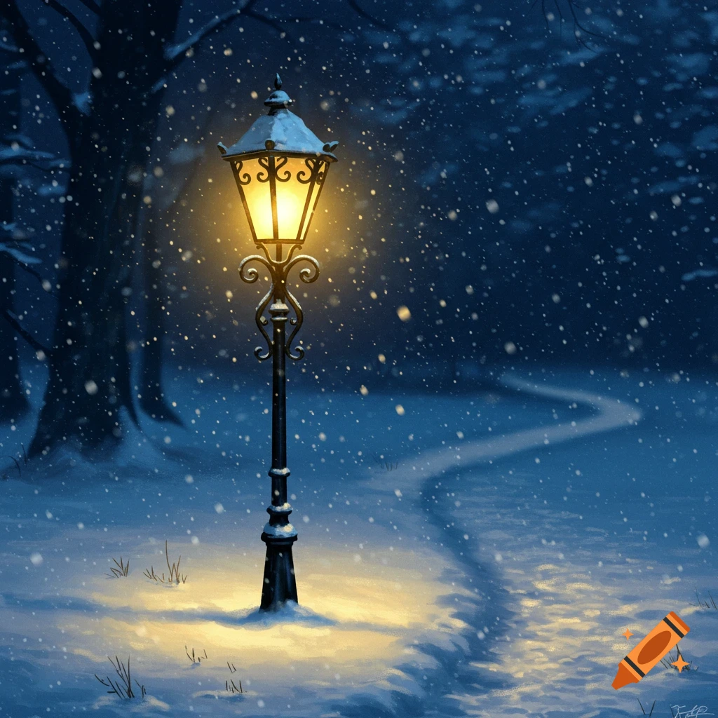 A warmly lit lamppost stands in a snowy forest at night, illuminating a winding path through the snow as snowflakes fall.