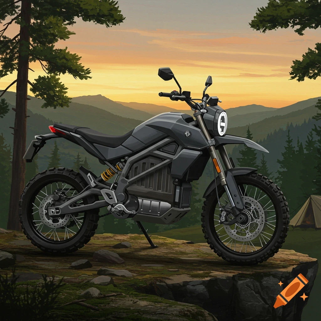 An illustration of a dark gray electric motorcycle parked on a rocky cliff edge, overlooking a mountain range and forest at sunset, with a tent in the background.