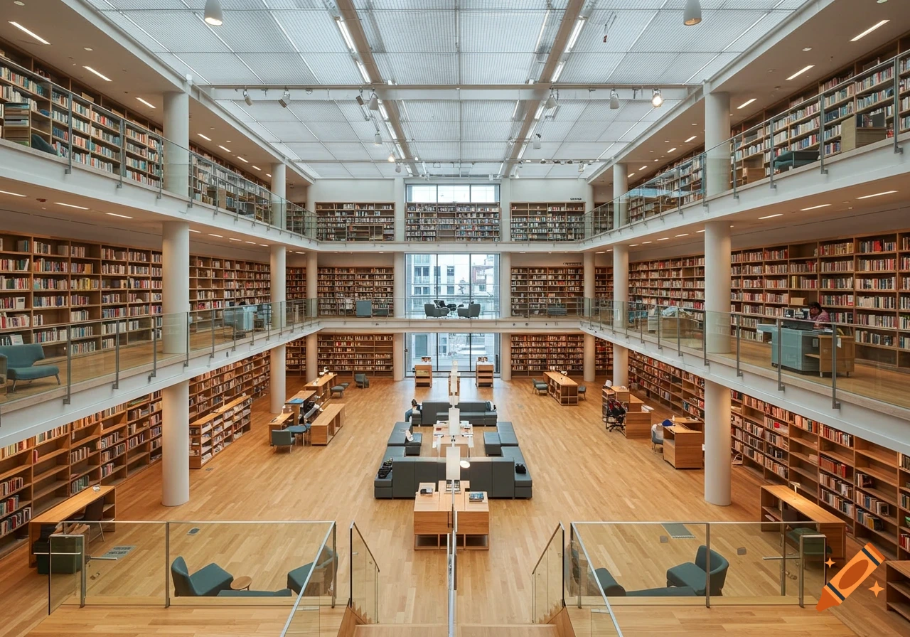 A vast, modern, multi-story library with towering bookshelves filled with books, wooden floors, study areas, and glass railings.
