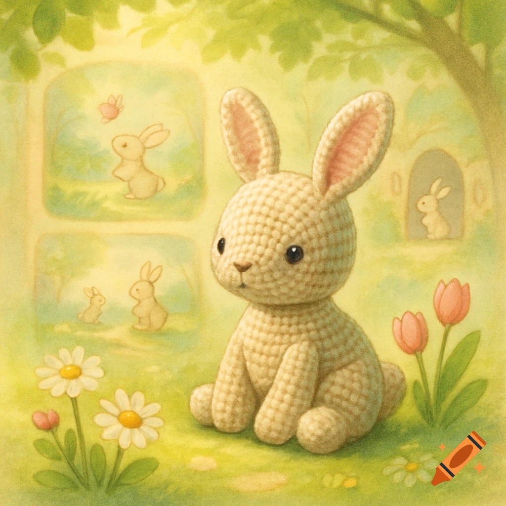 A whimsical illustration of a beige crocheted bunny sitting in a grassy field with daisies and tulips, surrounded by smaller illustrated bunnies in the background.
