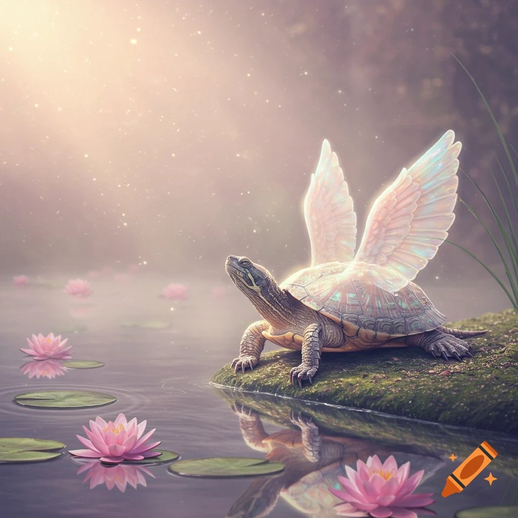 An ethereal turtle with glowing wings rests on a mossy bank beside a pond with pink water lilies, bathed in soft, magical light.