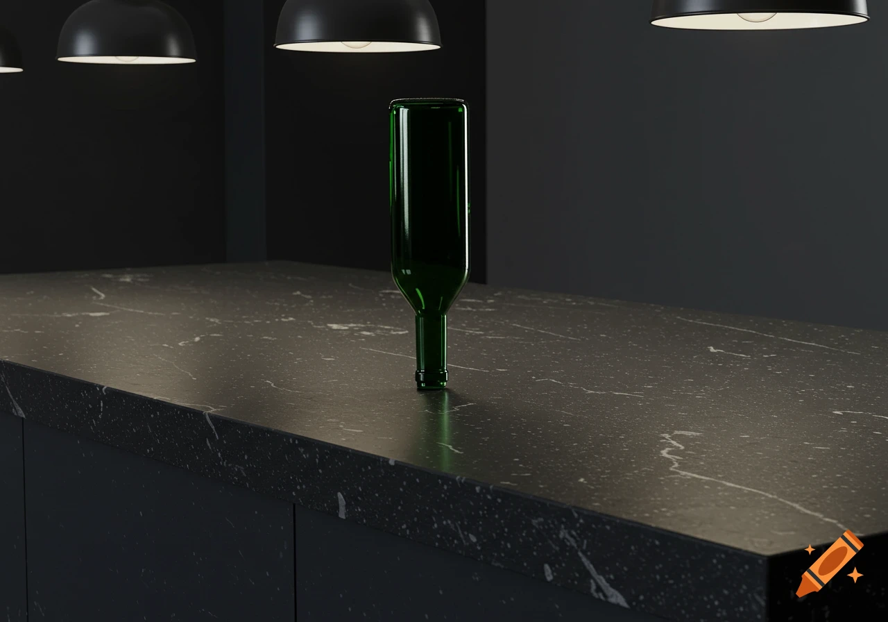 An upside-down green wine bottle stands on a dark gray quartz kitchen countertop with white veining, under modern pendant lights.