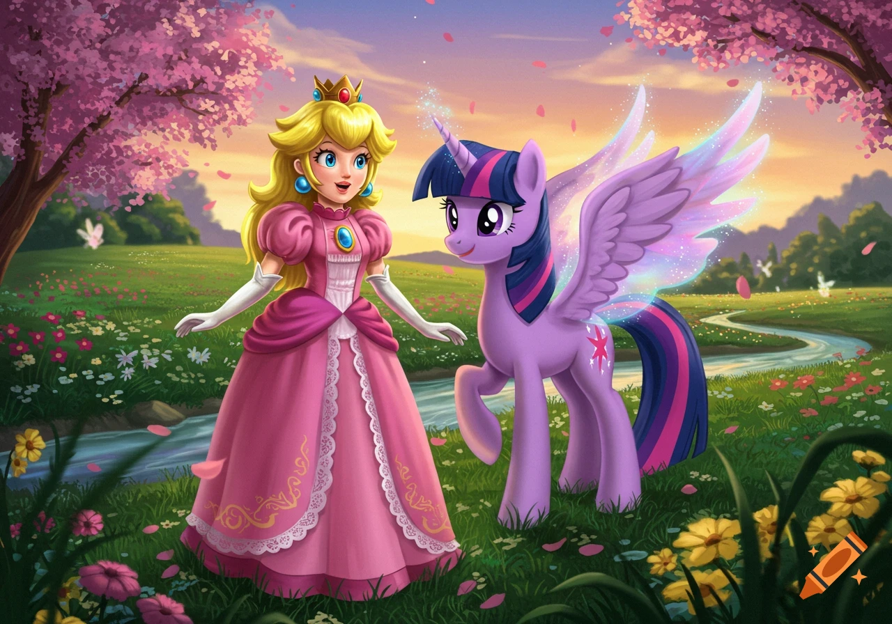 Princess Peach and Twilight Sparkle stand together in a vibrant, flowery meadow with cherry blossom trees and a stream.