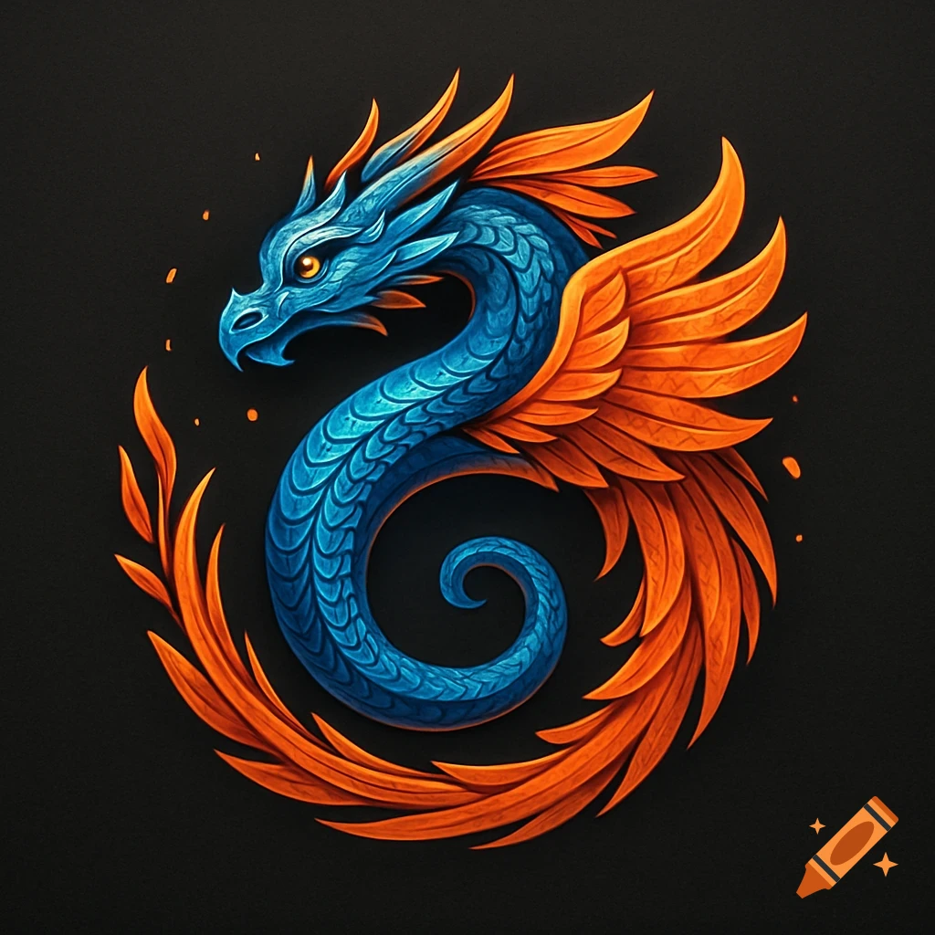 Stylized blue and orange dragon with feathered wings, curled into a logo-like shape on a black background.
