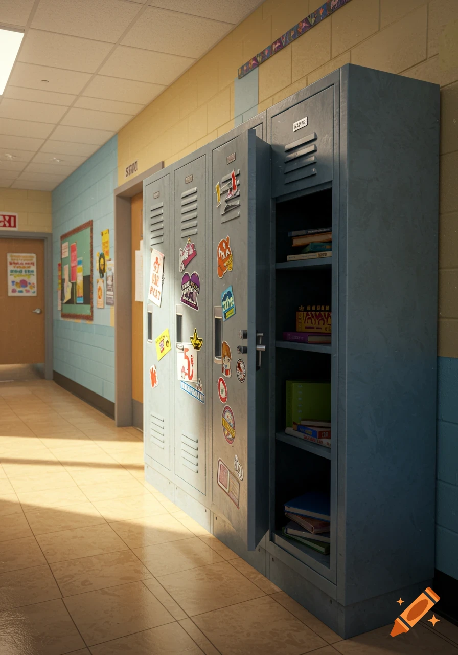 A realistic view of a school hallway with a row of blue lockers adorned with stickers. One locker is open, revealing books inside. Sunlight streams onto the tiled floor.