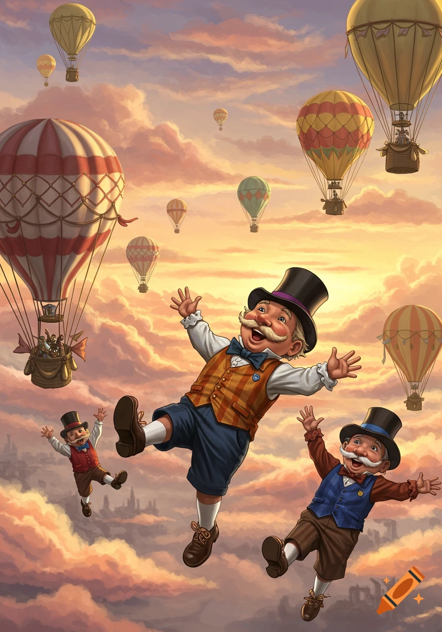 Cheerful men in top hats and vests float happily among colorful hot air balloons in a golden, cloudy sky, stylized illustration.