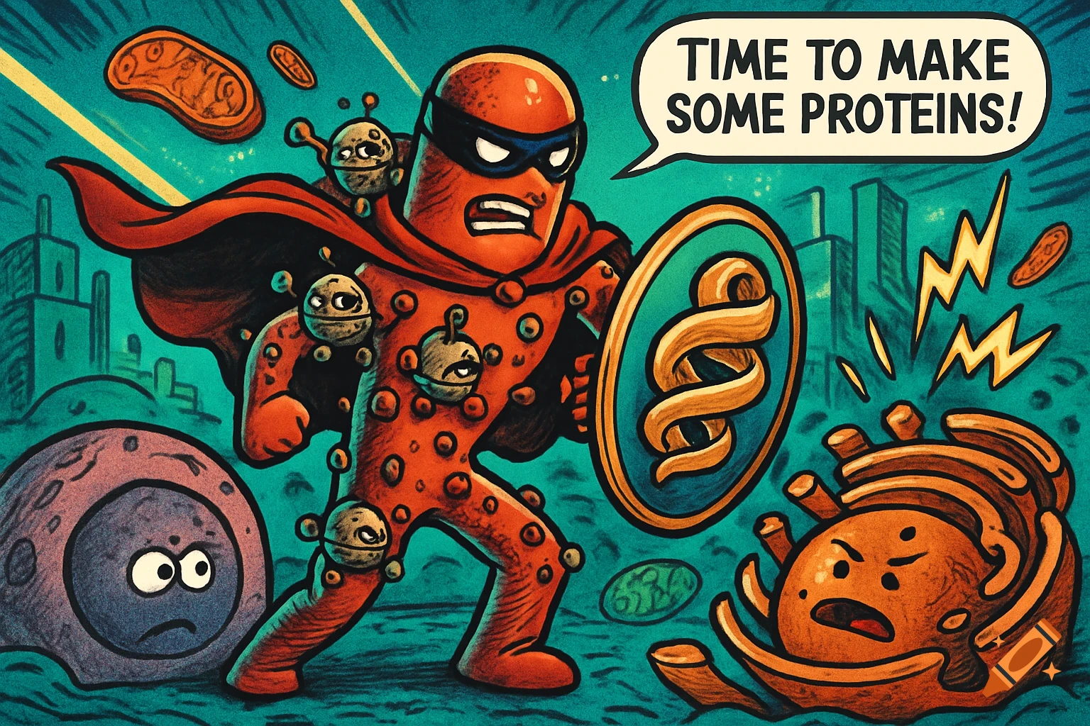 A cartoon RER superhero with ribosomes fights in a cell-city, saying 'TIME TO MAKE SOME PROTEINS!'. Other organelles look worried.