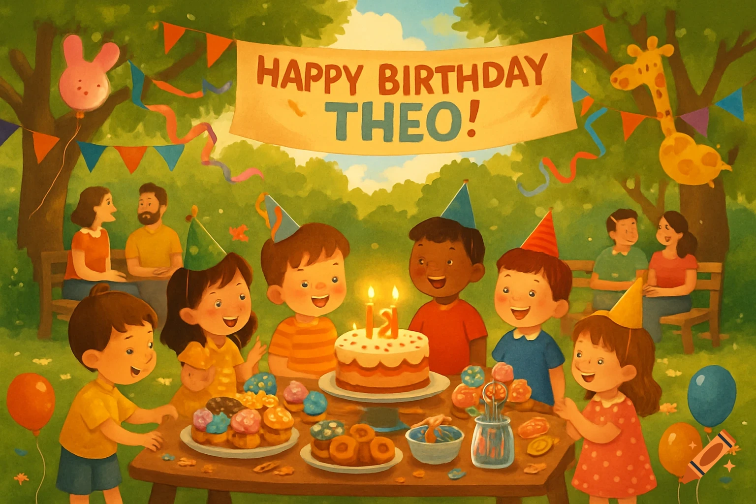 Watercolor illustration of a diverse group of children celebrating a birthday party outdoors. A banner reads 'HAPPY BIRTHDAY THEO!'