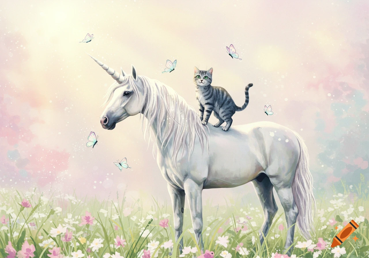An illustration of a gray tabby cat on a white unicorn's back in a magical meadow with colorful butterflies.