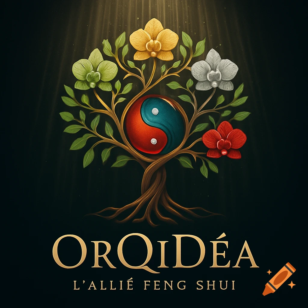 Stylized logo with an orchid tree, colorful orchids, a red and blue Yin Yang symbol, and text 'OrQiDéa L'allié Feng Shui'.