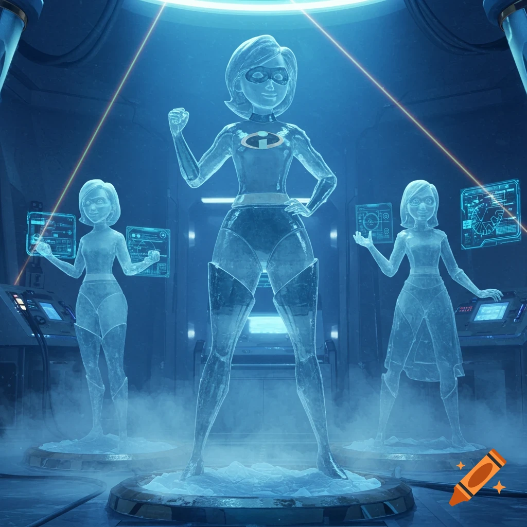 Three ice statues of superheroines, including Elastigirl, stand in a futuristic blue-lit laboratory with glowing screens.