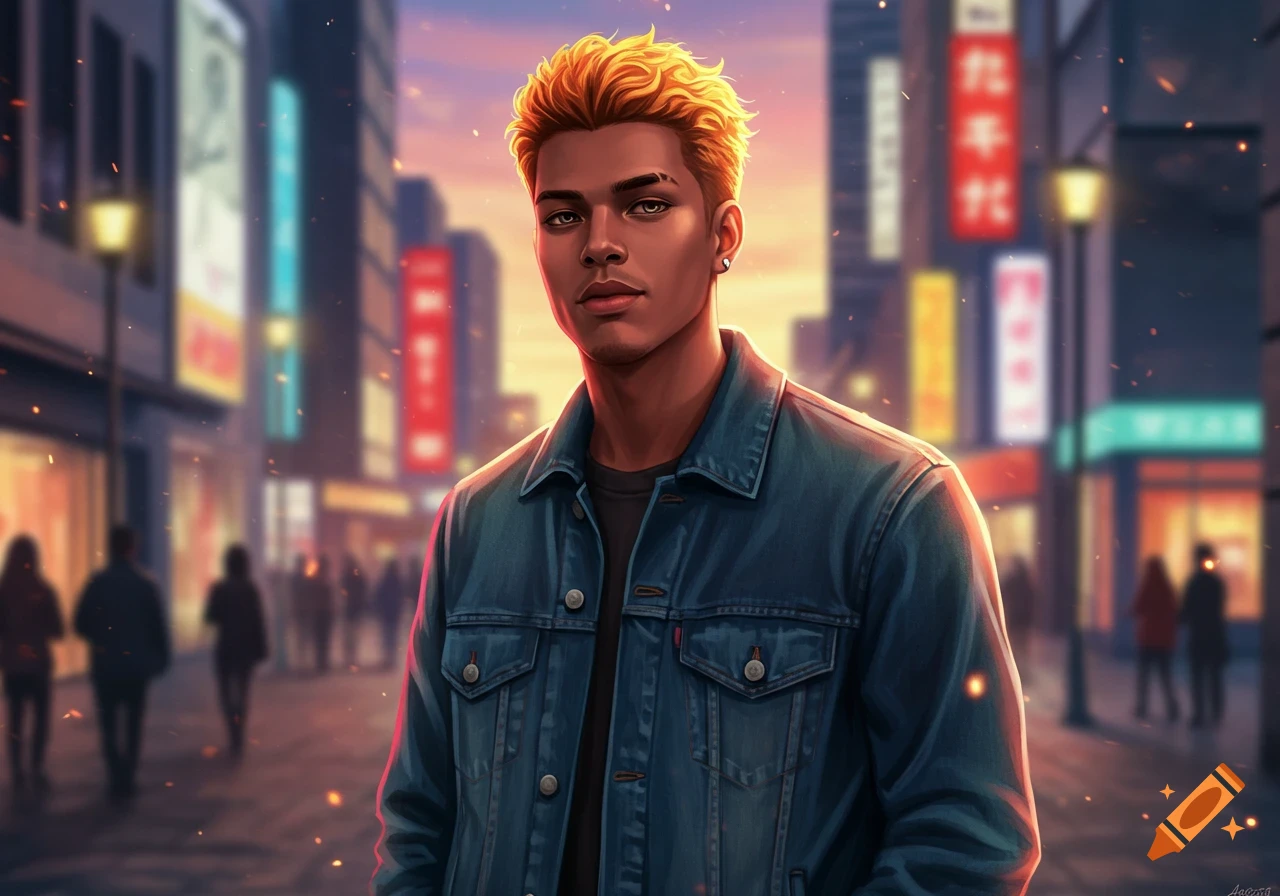 Anime-style portrait of a man with yellow hair and a denim jacket standing on a city street at sunset.