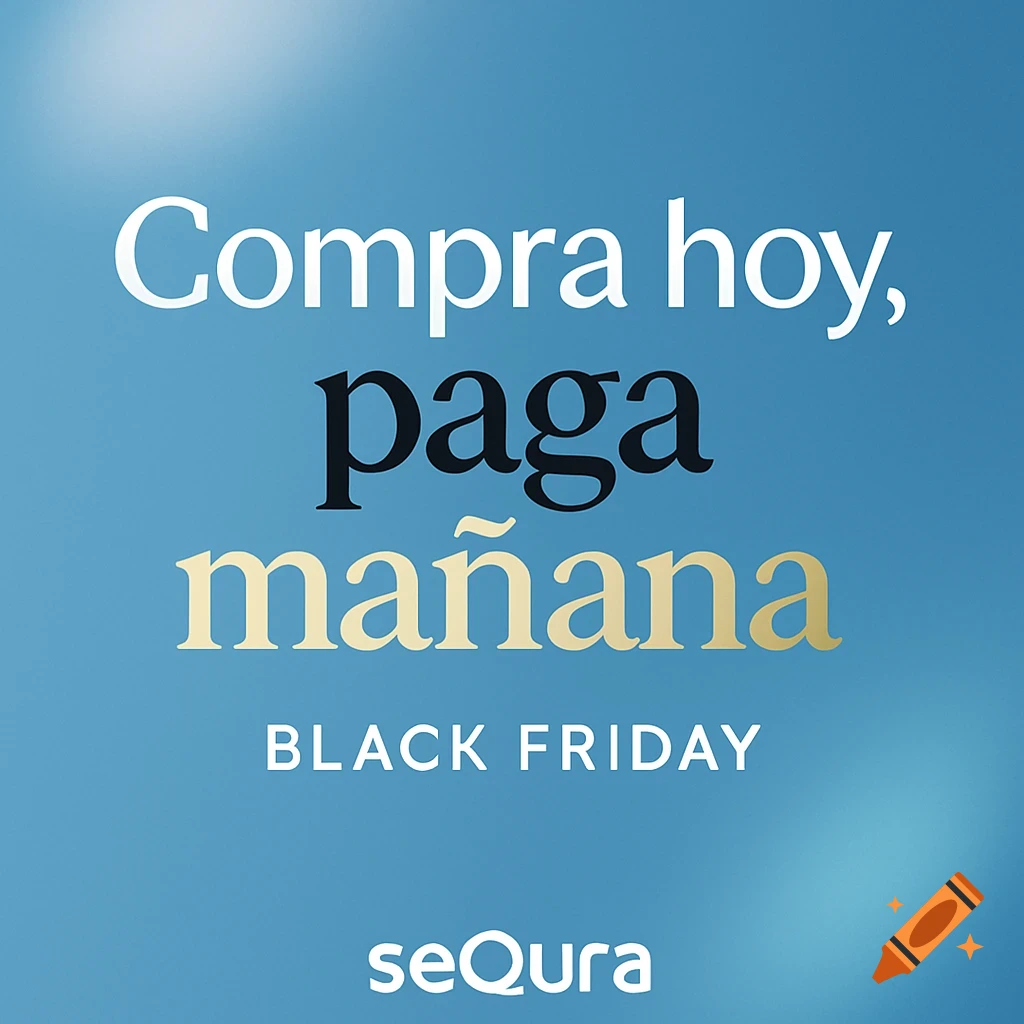 Blue advertisement with 'Compra hoy, paga mañana' in white, black, and gold text, 'BLACK FRIDAY' and 'seQura' in white.