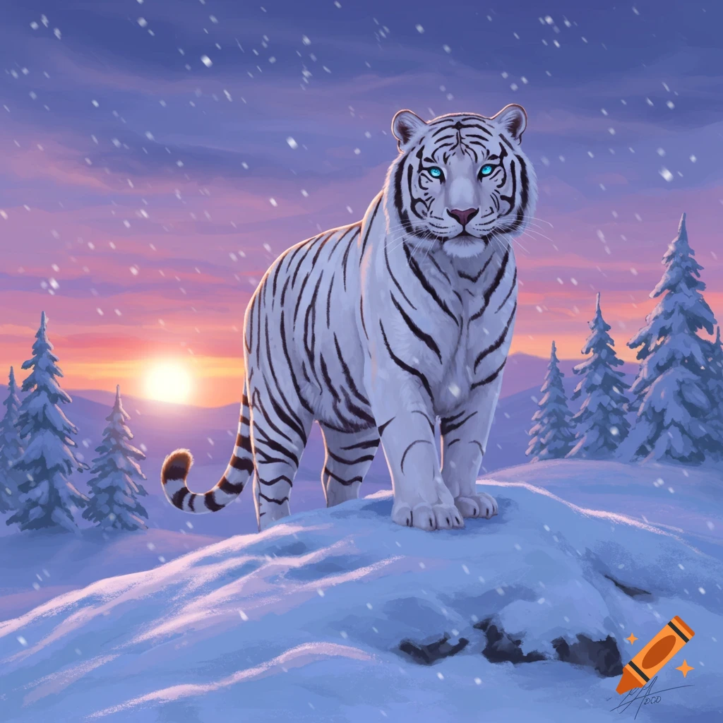 A majestic white tiger with blue eyes stands on a snowy hill, with pine trees and a colorful sunset in the background, as snow falls.