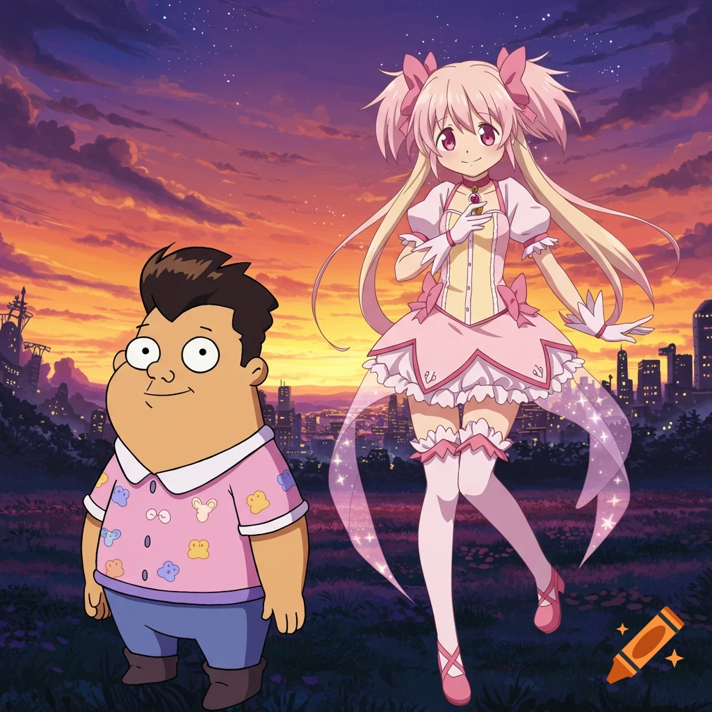 A cartoon boy with dark hair and a pink shirt stands next to an anime girl in a pink magical girl outfit, against a sunset city background.