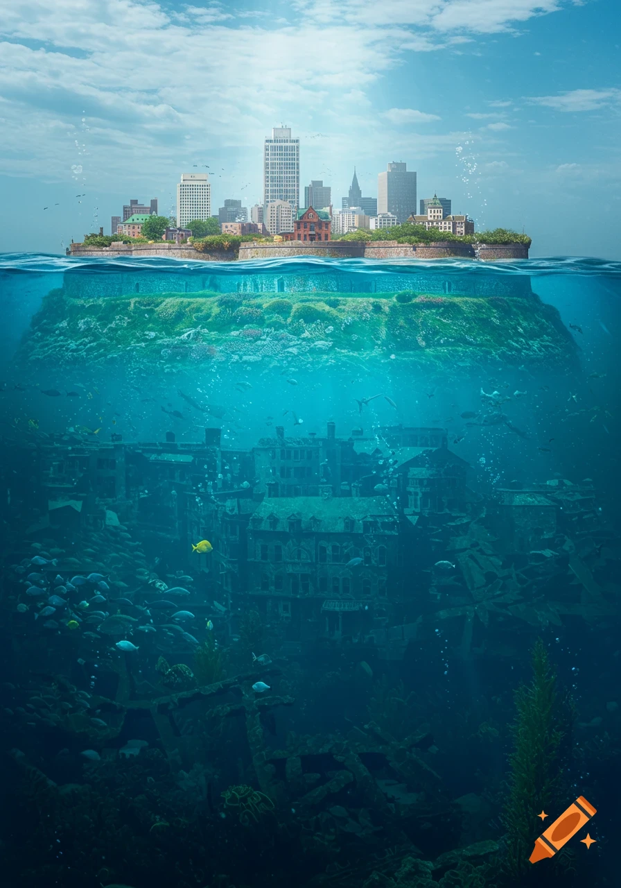 A photorealistic image of a city island with an older, submerged city visible below the water surface.