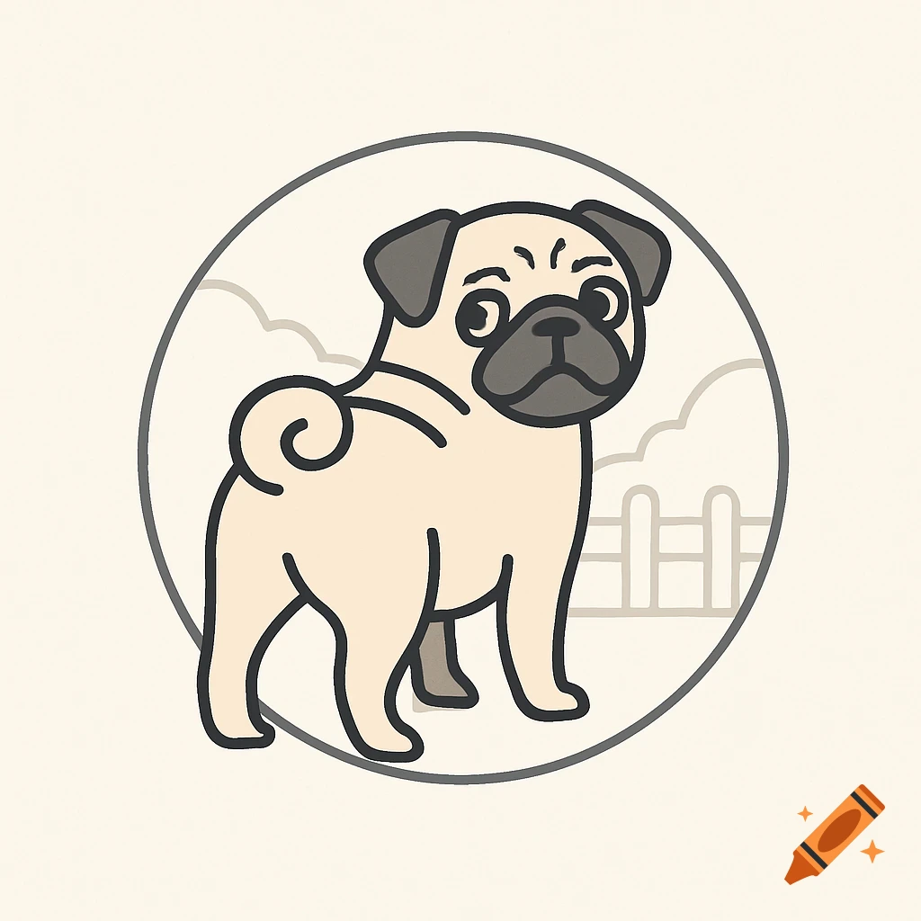 Modern clean illustration of a cute pug dog with a curly tail, inside a circle with a fenced yard background.