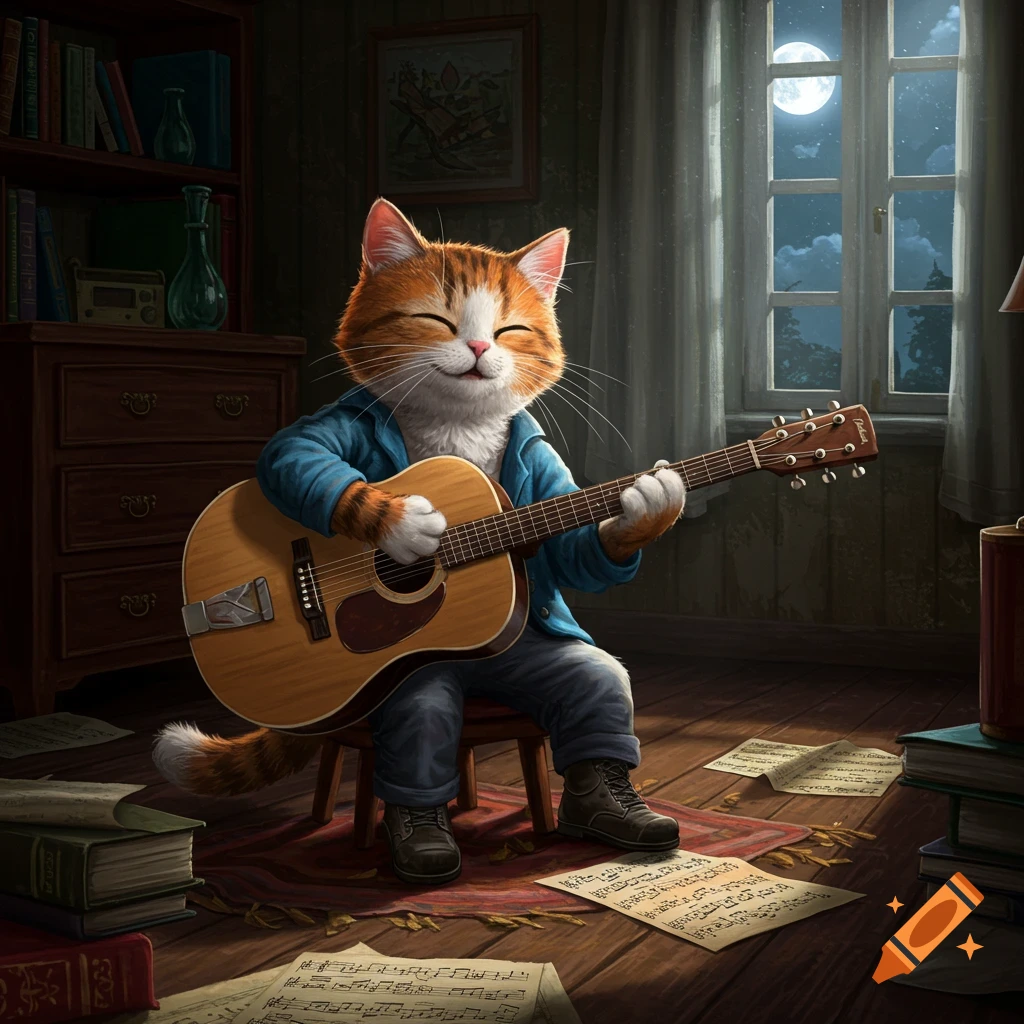 An orange and white cartoon cat sits on a stool, happily playing an acoustic guitar in a cozy room at night. Sheet music is on the floor, and a full moon shines outside a window.