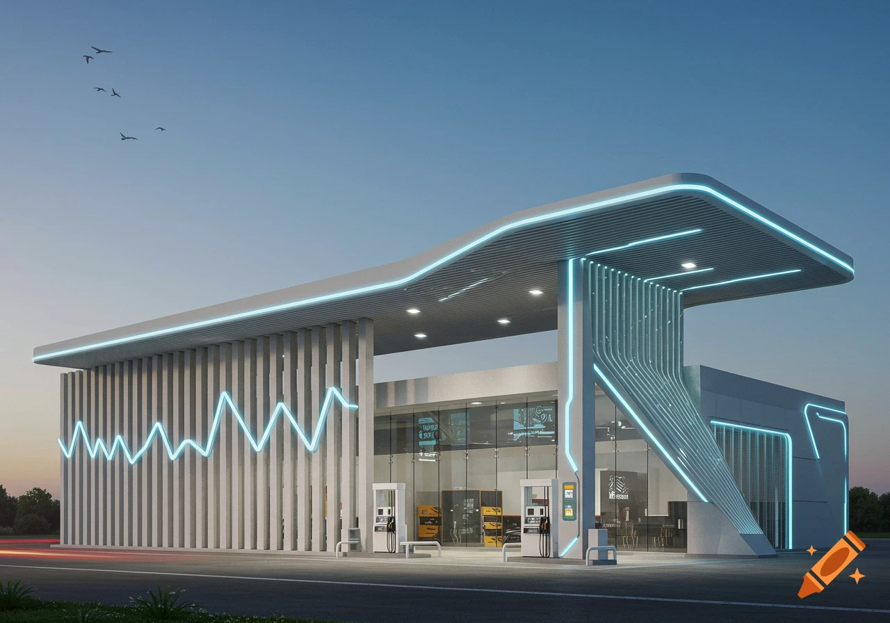 A futuristic gas station with a modern architectural design featuring a gray facade with vertical columns and blue neon lighting.
