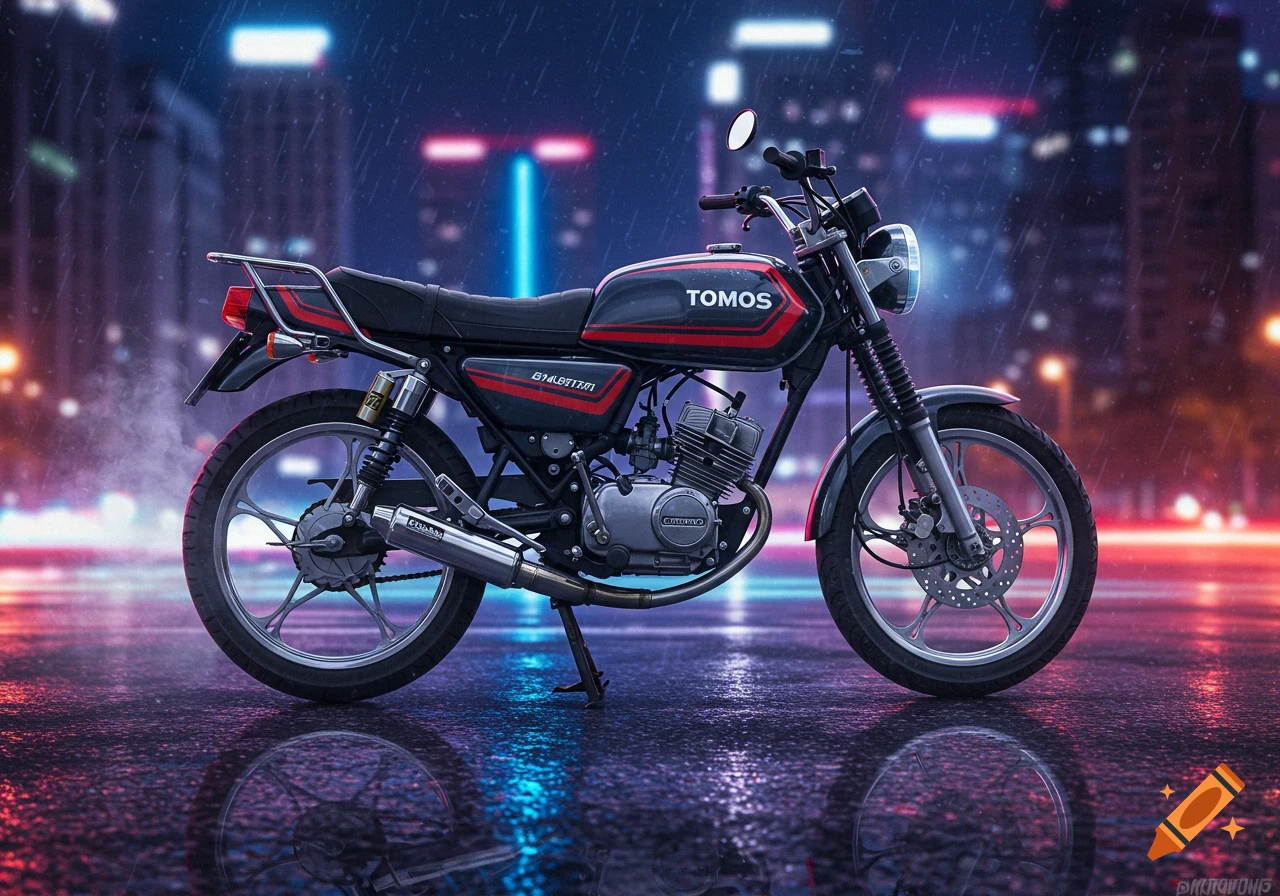 A black and red Tomos moped stands on a wet city street at night, reflecting neon lights. Rain falls in the futuristic background.