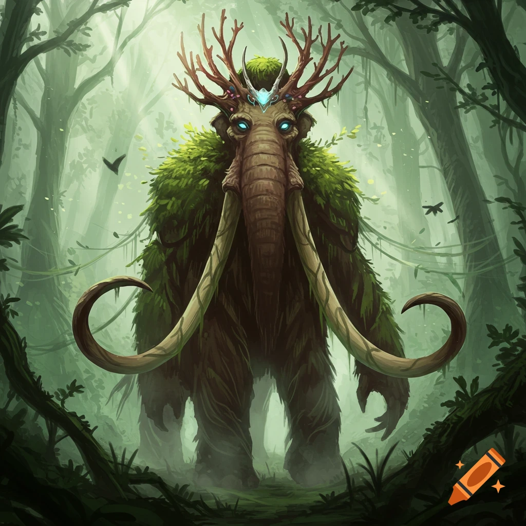 A majestic, moss-covered creature resembling an antlered mammoth with glowing blue eyes stands in a lush, misty forest, digital art.