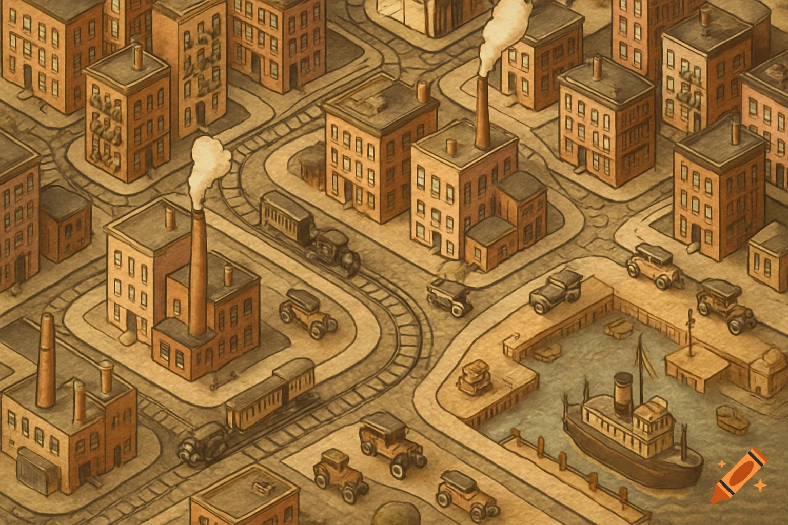 Isometric vintage city map with factories, trains, cars, and a ship at a dock.