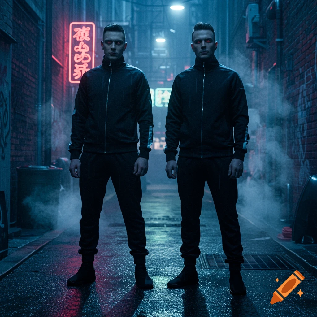 Two identical men with glowing red eyes stand in a dark, misty alleyway under neon signs, looking like a still from a cyberpunk film.