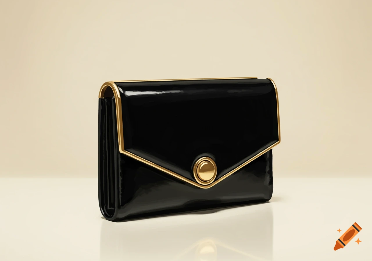 Sleek black patent leather luxury wallet with gold trim and a central gold clasp on a cream surface.