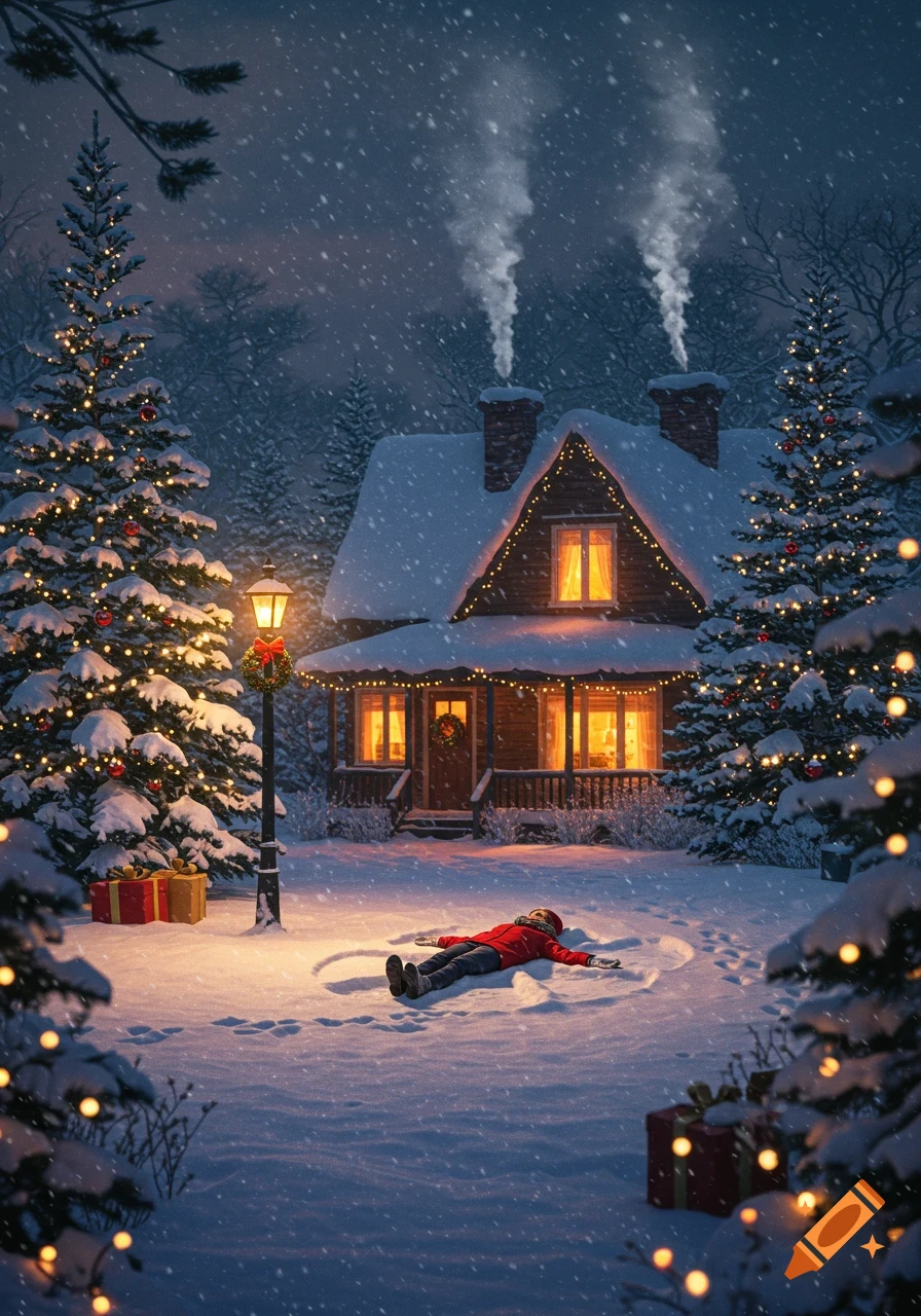 A person makes a snow angel in front of a cozy, snow-covered Christmas house and decorated trees at night.