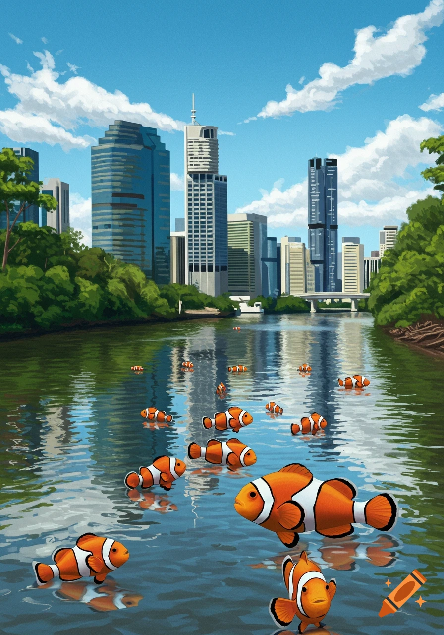 Illustrative scene of multiple clownfish swimming in a river with a city skyline and green trees in the background under a blue sky.