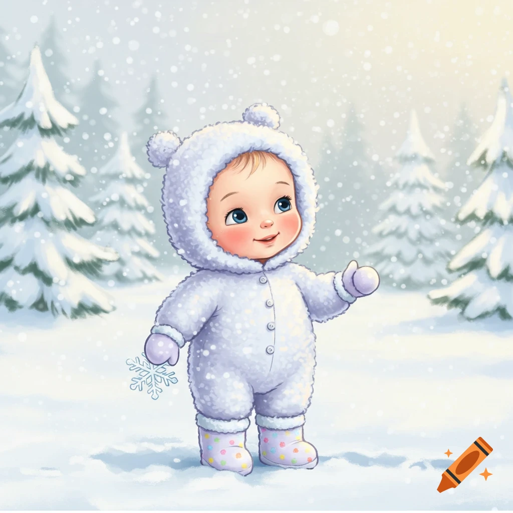 A cute cartoon baby in a white fluffy snowsuit and polka dot boots stands in a snowy forest, holding a snowflake.