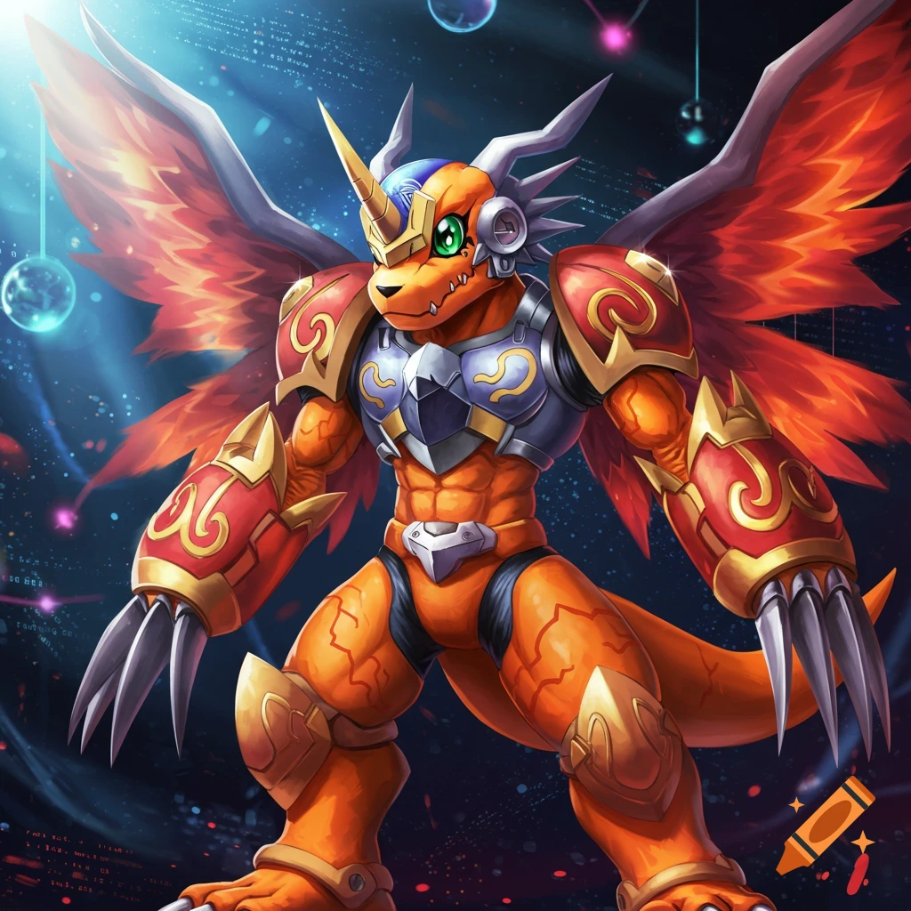 Orange, winged Agumon from Digimon wearing red and gold armor, standing in a dark digital-themed space.