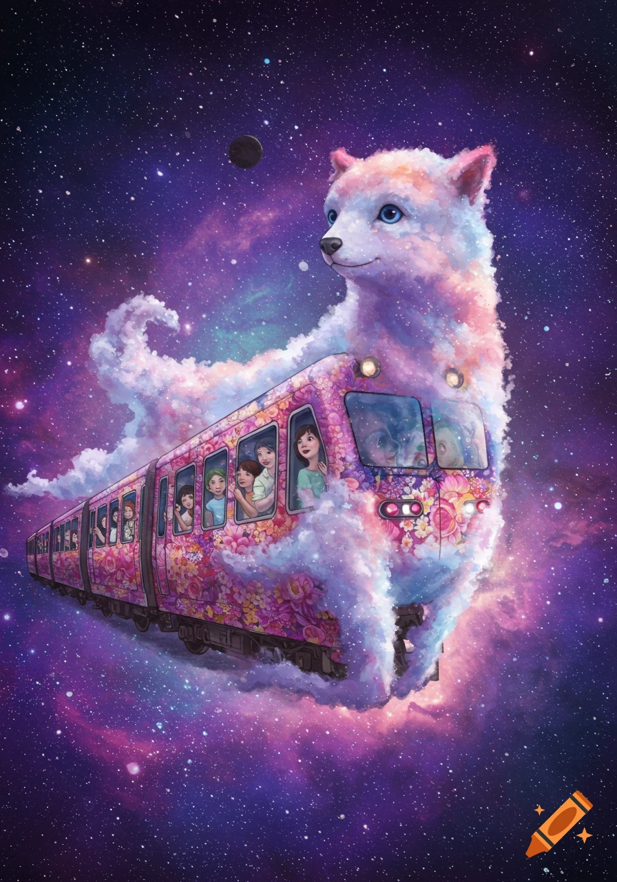 A surreal train covered in flowers, pulled by a fluffy white cloud animal, carries children through a purple and pink starry galaxy.