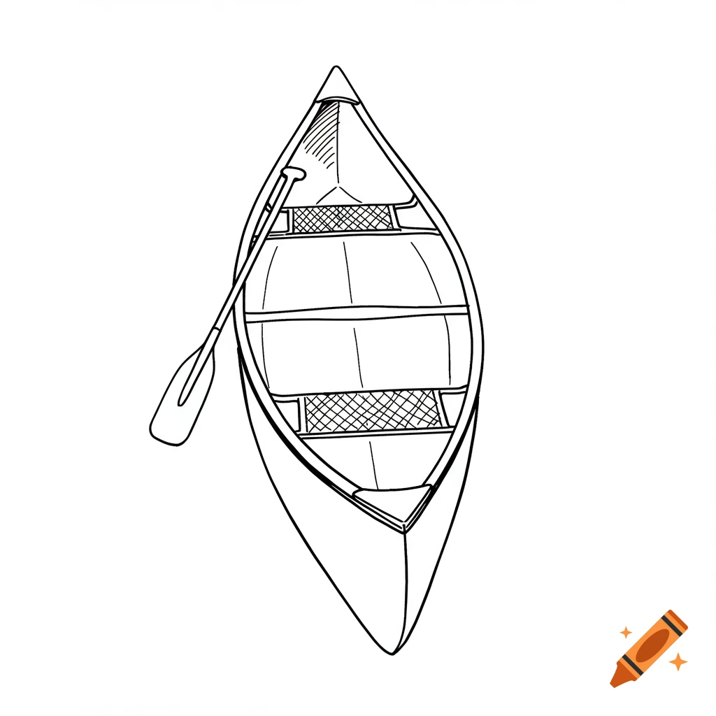 A simple black and white line drawing of a 2-person canoe with two benches and a paddle.