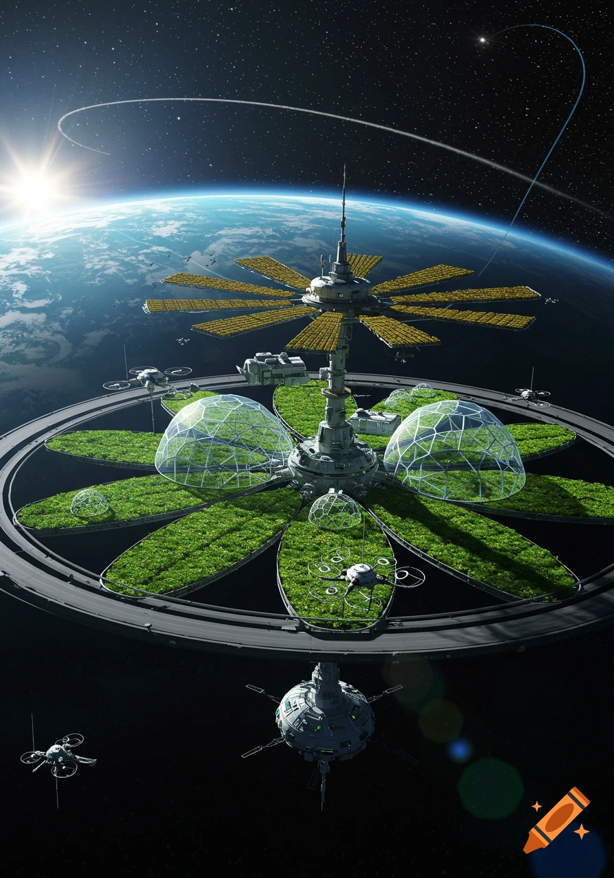 A futuristic space station with lush green farms in a circular design orbits Earth, accompanied by small drones.