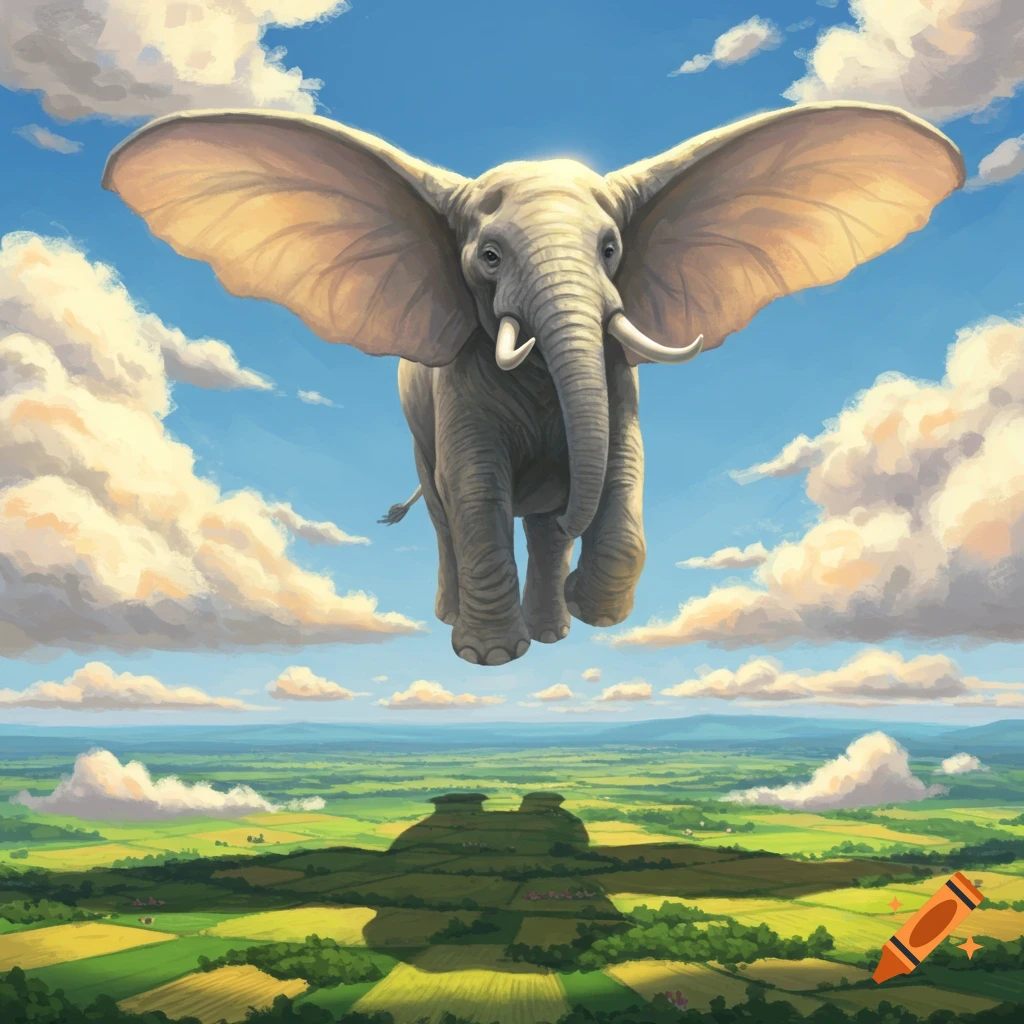 A large, grey elephant with enormous ears like wings soars high in a blue sky above a vibrant green landscape with clouds. Illustrated.