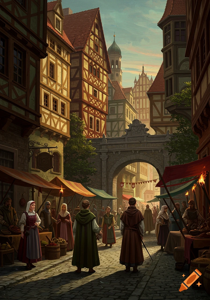 A detailed illustration of a bustling medieval market street with half-timbered buildings, an archway, and many people.