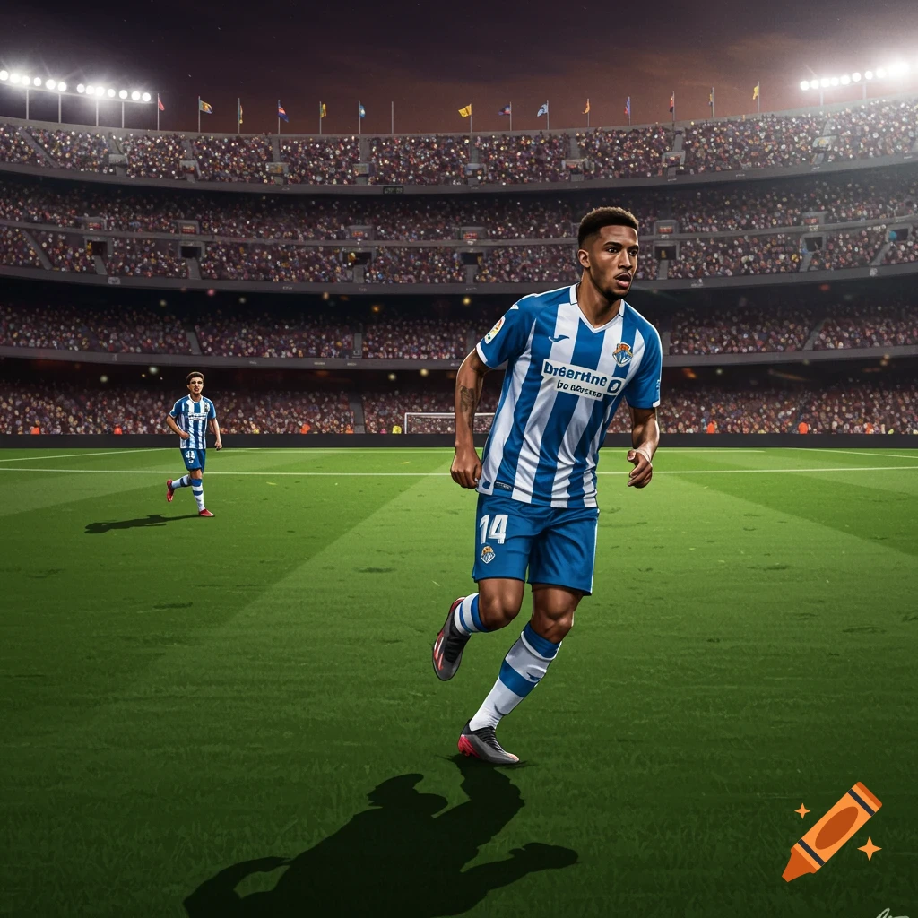 A soccer player in a blue and white striped jersey and blue shorts runs on a green field in a large stadium.