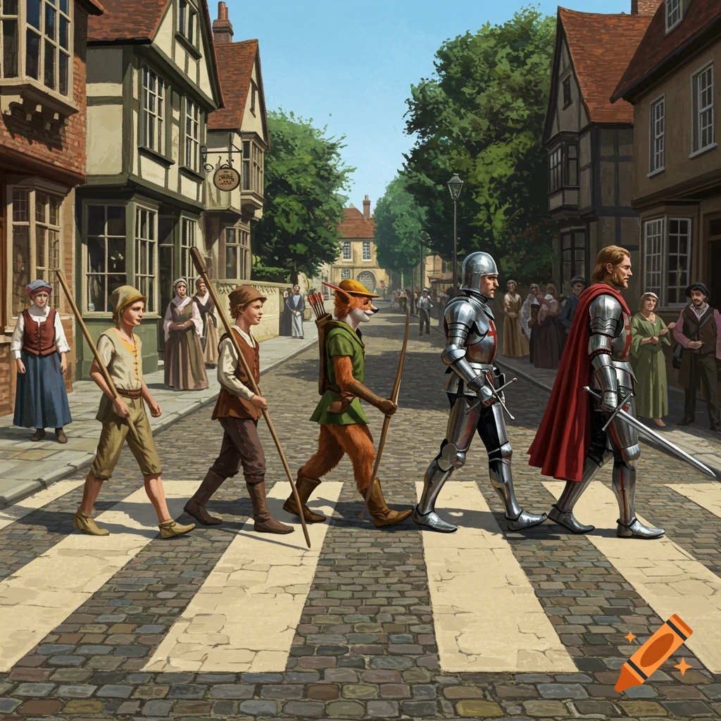 Medieval characters including a fox archer and knights cross a cobblestone street in an Abbey Road album cover parody.
