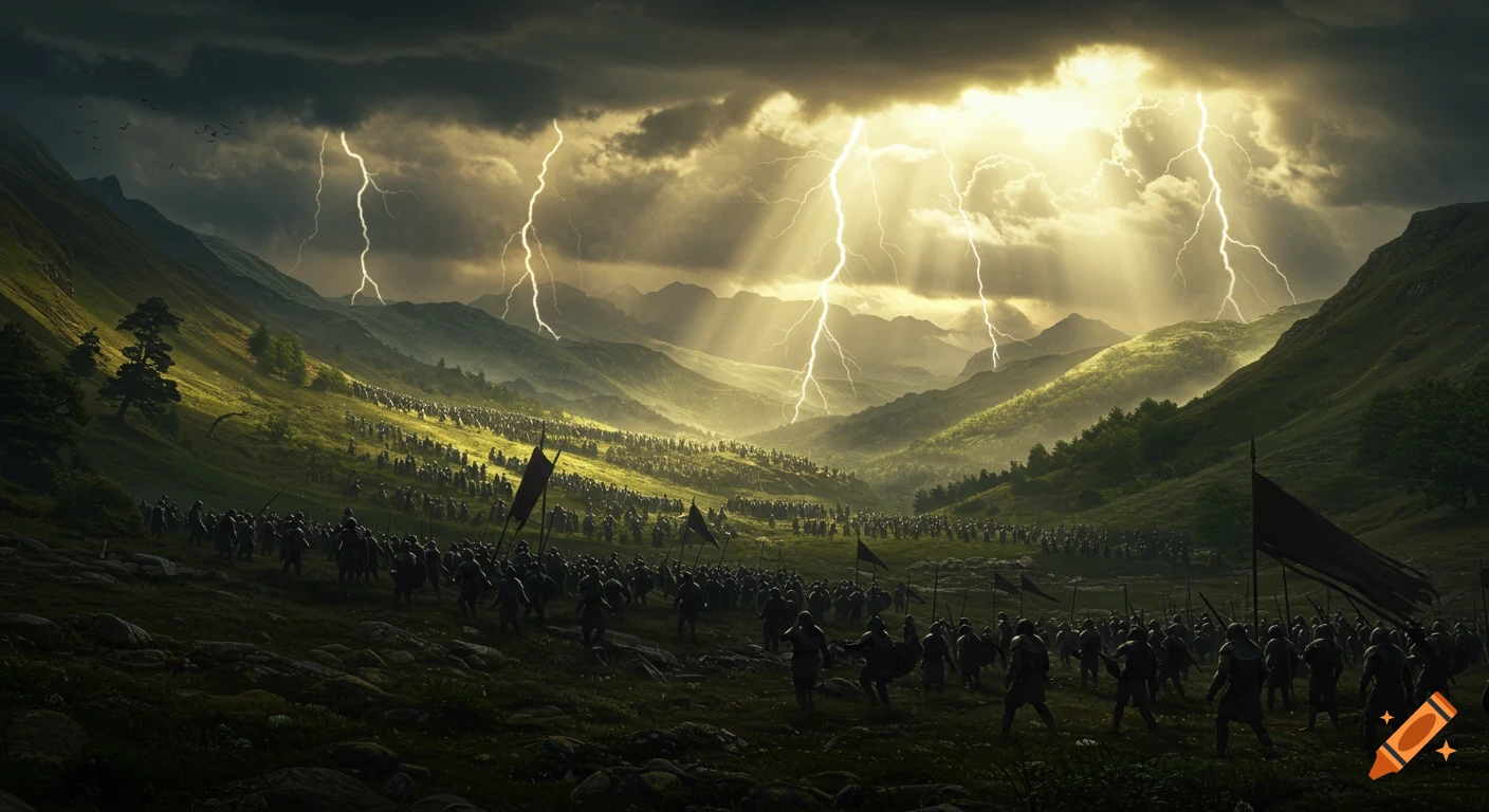 Epic fantasy landscape of a vast army marching through a valley under a stormy sky with dramatic lightning.