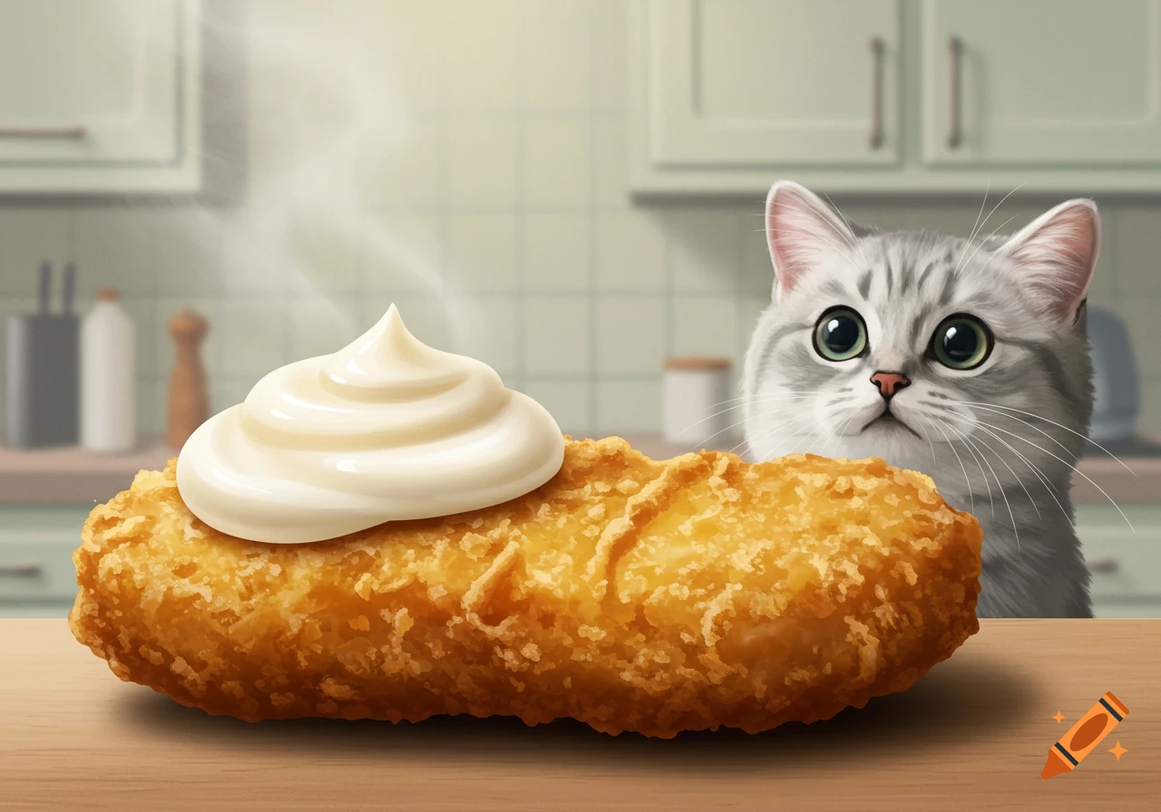 A wide-eyed, fluffy grey cat looks intently at a crispy chicken nugget topped with mayonnaise, on a wooden counter in a kitchen.
