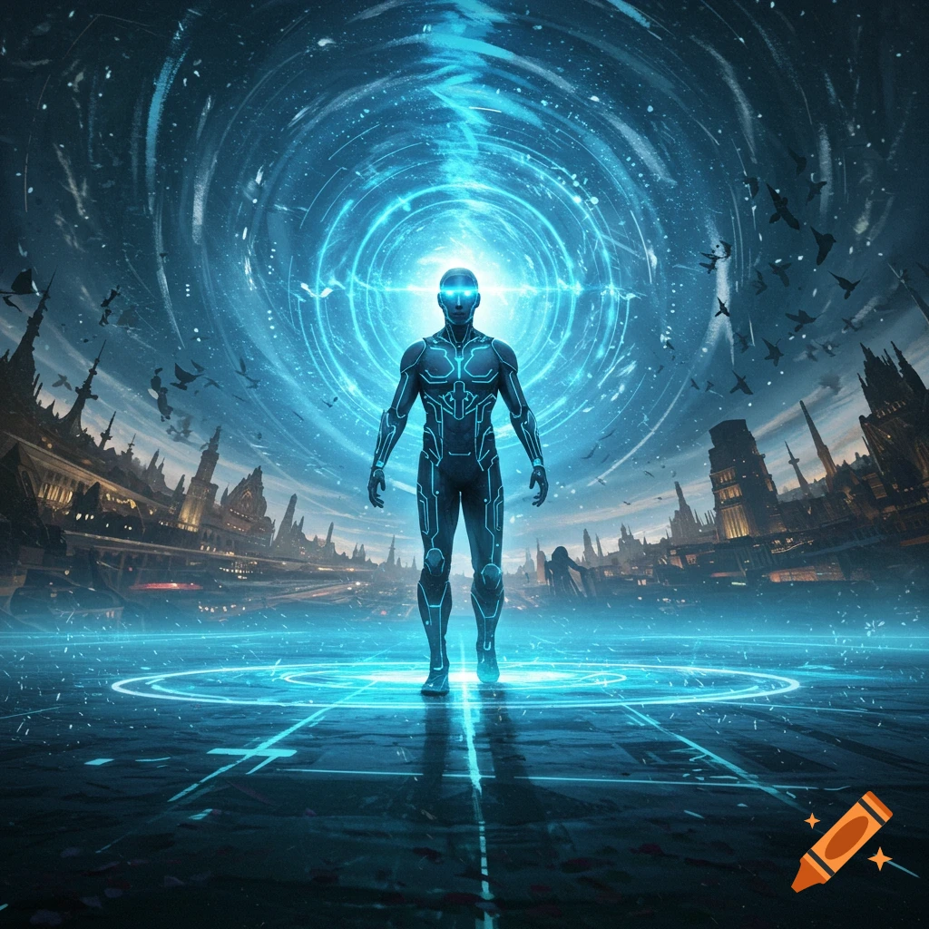 A glowing, futuristic figure in a blue suit stands on a platform with a blue energy portal and city in the background.