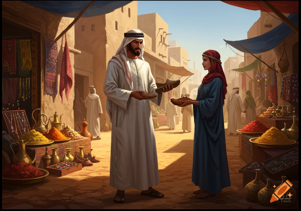 A man and woman in traditional Middle Eastern attire exchange shoes in a vibrant, sunlit marketplace filled with spices and goods.