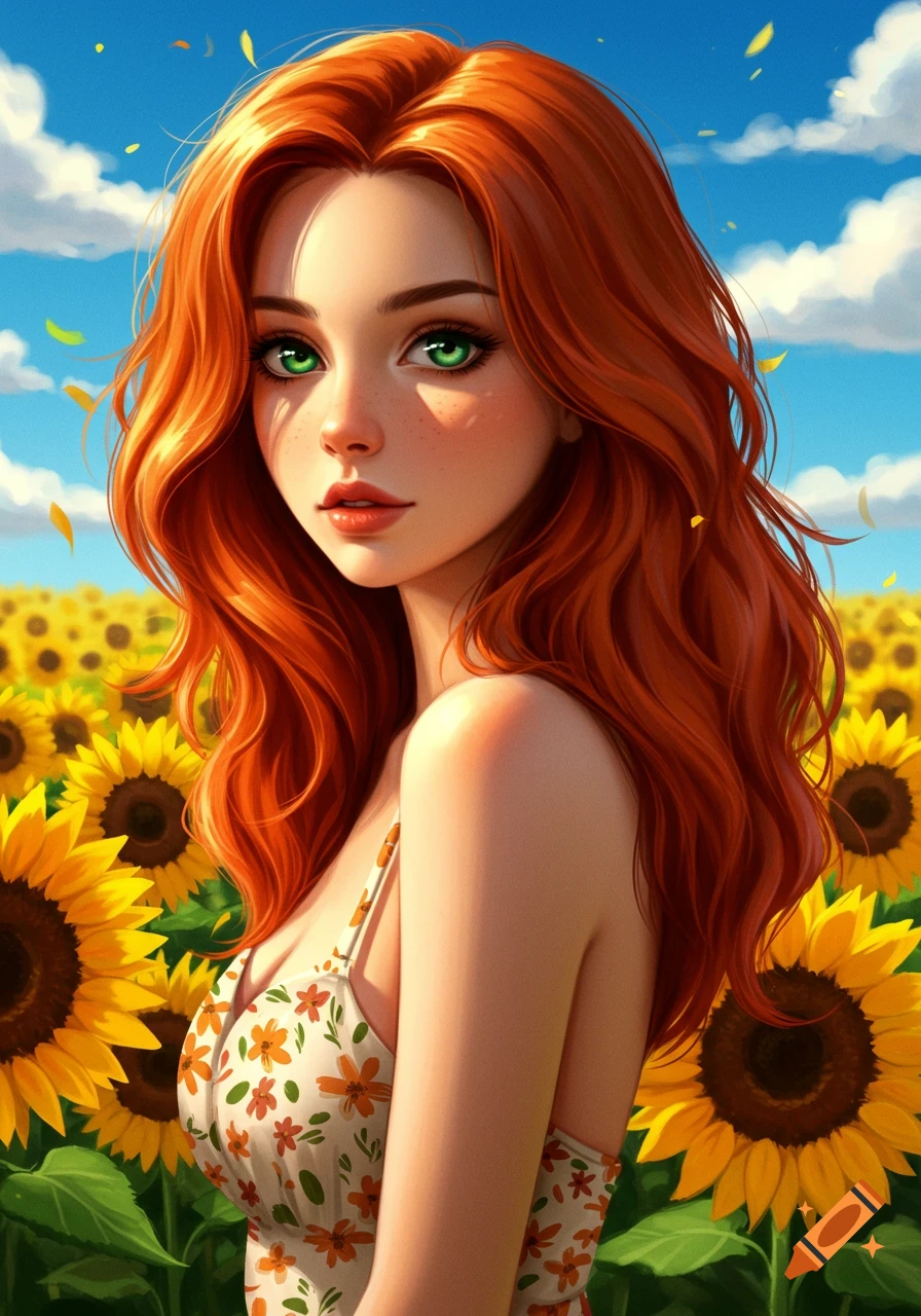 A vibrant digital art portrait of a red-haired girl with bright green eyes, in a sunny sunflower field.