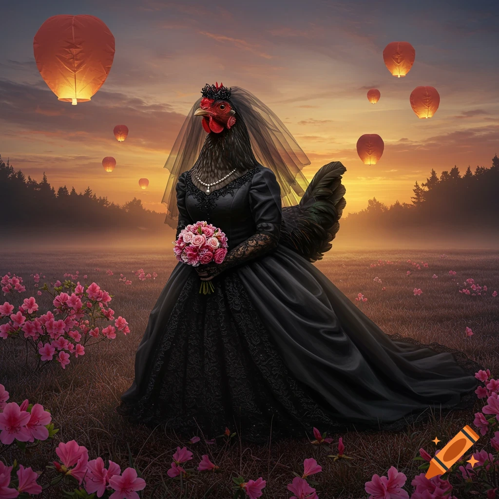 A chicken wearing a black wedding dress and veil, holding a pink rose bouquet, stands in a misty field at sunset with sky lanterns.